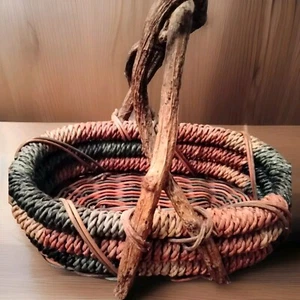 Vintage Hand Woven Multicolored Gathering Basket With Natural Wooden Handle - Picture 1 of 7