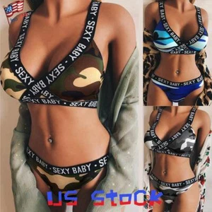 Womens Camo Bra Lingerie Set G-String Knickers Briefs Panties Thong Underwear US - Picture 1 of 14