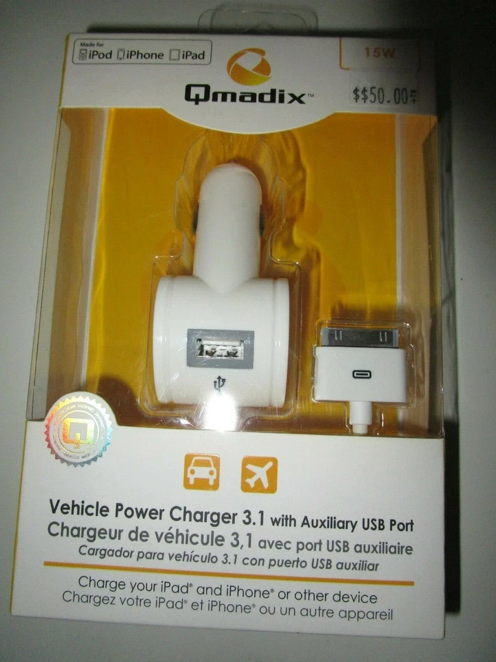 Qmadix Vehicle Power Charger 3.4 With Auxiliary USB Port 16w