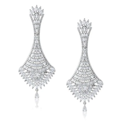 Luxury Victorian Long Dangle Earrings 85mm White CZ Stone Brass Stylish Jewelry - Image 1 of 4