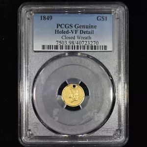 1849 $1 GOLD DOLLAR ✪ PCGS VF DETAILS ✪ G$1 CLOSED WREATH COIN HOLED ◢TRUSTED◣ - Picture 1 of 4