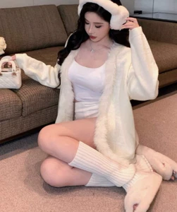 1pc Women Solid White Color Fuzzy Splice Knit Cardigan Comfy Korean Style Size L - Picture 1 of 6