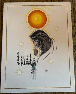 Native American Oil on Canvas Signed Spotted Wolf unframed - Picture 1 of 3