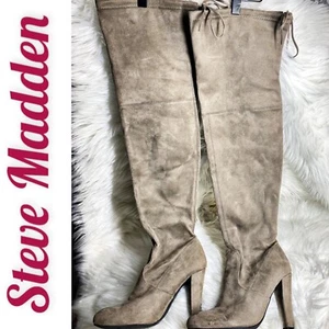 STEVE MADDEN “Gorgeous” Taupe Gray Over-The-Knee Faux Vegan Suede Boots, 8.5 - Picture 1 of 8
