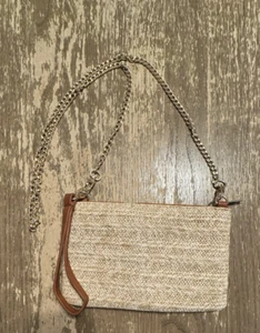 Straw Zipper Gold Tan crossbody wristlet Clutch women bag purse chain - Picture 1 of 6