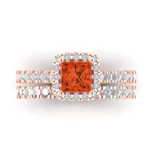 1,60ct Princess Cut Heiligenschein roter Stein Ring Band Braut Set 14k Rosé massiv Gold - Bild 1 von 5