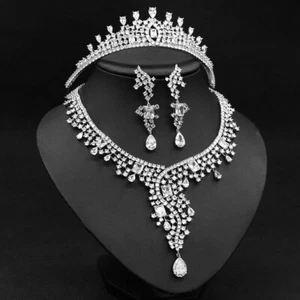 Luxury All CZ Cubic Zirconia Wedding Queen Necklace Earrings Tiara Crown Set - Picture 1 of 7