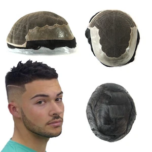 Mens Toupee Human Hair Replacement System French Lace Poly Skin Hairpieces Q6 - Picture 1 of 10