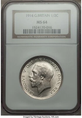 UK 1914 George V 1/2 Crown NGC MS64 superb white silver coin - Image 1 of 2