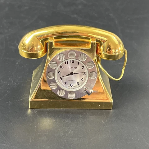 Vintage Timex Quartz Mini Rotary Style Telephone Desk Top Clock Gold Tone 2" Cover