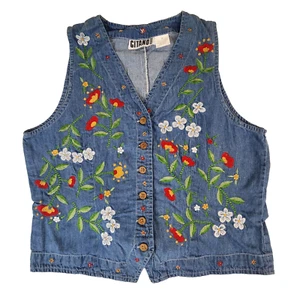 Vintage Gitano Womens Denim Vest Medium Blue Floral Leaves Embroidered #1934 - Picture 1 of 15