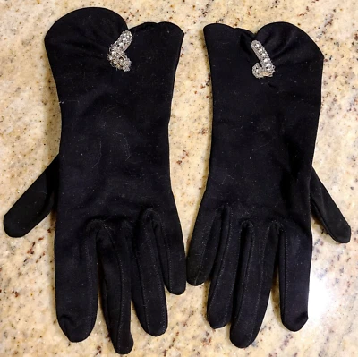 Dawnelle Vintage Size 6.5 S/M Black Woven Cotton Gloves. Clear Beaded Accent - Image 1 of 4