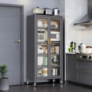 6-Tier Pantry Cabinet - Adjustable Shelves & Locking Wheels (Transparent Door) - Picture 1 of 8