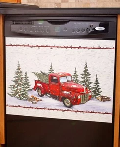 Red Truck Dishwasher Magnet Cover Woods Logs Pickup Evergreen Snow Winter Magnet - Picture 1 of 1