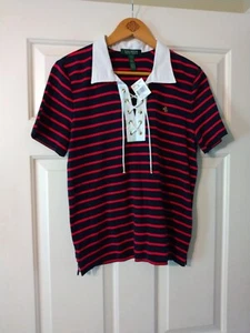 LAUREN RALPH LAUREN WOMEN'S Shirt Red/Bl. Striped, White Collar, Lace up NWT - Picture 1 of 7
