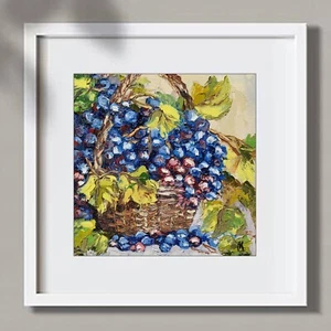 Original Grapes Basket Oil Painting Vineyard Kitchen Wall Art Impasto 9.3x9.3 in - Picture 1 of 14