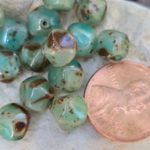 Lot of 20 Coated Green & Brown Spotted Vintage German Glass Angular  Beads  8mm - Picture 1 of 3