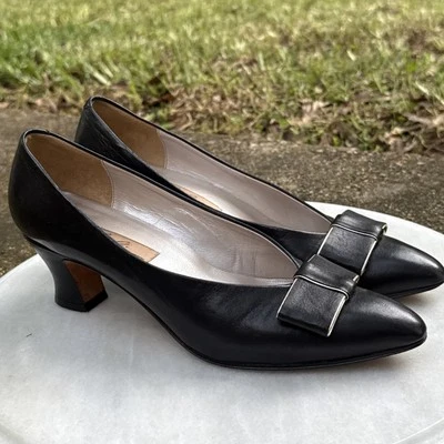 De Colección Tacones de Cuero Negro Lazo Bajo Borde Dorado Italia Amalfi Dinero Antiguo Años 80 90 Talla 8AAA Foto 1 de 4