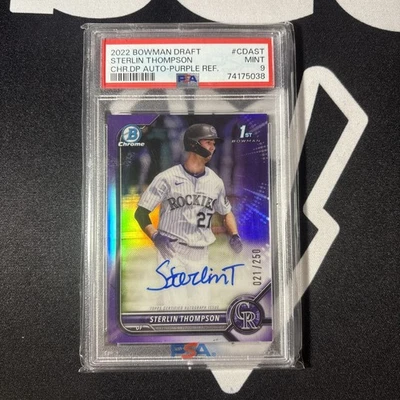2022 Bowman Chrome 1st Sterlin Thompson Purple Refractor Auto 021/250 PSA MINT 9 - Image 1 of 2