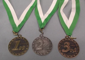 set of 3 place medals green/white neck drape trophy gold silver bronze - Picture 1 of 1