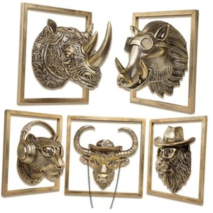 Exquisite Resin Animal Head Wall Sculpture (Gift Metal Frame) Bronze Five pcs - Picture 1 of 7