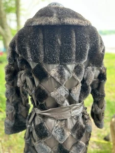 Vintage Made In England Leather Plaid Faux Fur Coat Womens 40 Bust Brown Long - Picture 1 of 9