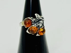 Vintage Sterling Silver 925 Ring with Amber Canochons - Leaf Cluster Design - Picture 1 of 10