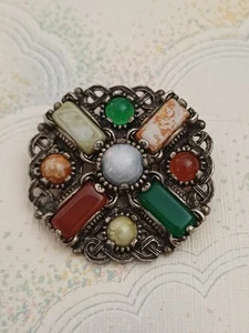 Vintage Brosche 70er Jahre silberfarben & bunter Achat schottisch keltisch 5 cm x 5 cm - Bild 1 von 3