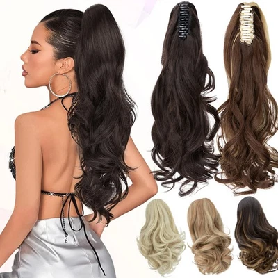 Extensiones de cabello cola de caballo con clip de garra real como humano cola de caballo postizos largos ondulados Foto 1 de 4