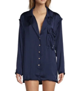 Free People Like Honey Long Sleeve Satin Pajama PJ Shirt Top Navy Blue Frayed M - Picture 1 of 21