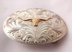 Hebilla de cinturón de plata esterlina ovalada Hansen Western Gear 1 pulgada grabado Longhorn nuevo - Imagen 1 de 2