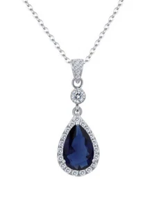 White gold finish blue sapphire pear cut created diamond pendant gift box & bag - Picture 1 of 9