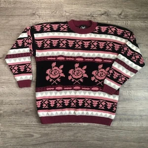 Suéter Vintage Años 90 CottageCore Café La Vie Rosa Negro Floral Geométrico Cuello Simulado - Imagen 1 de 4