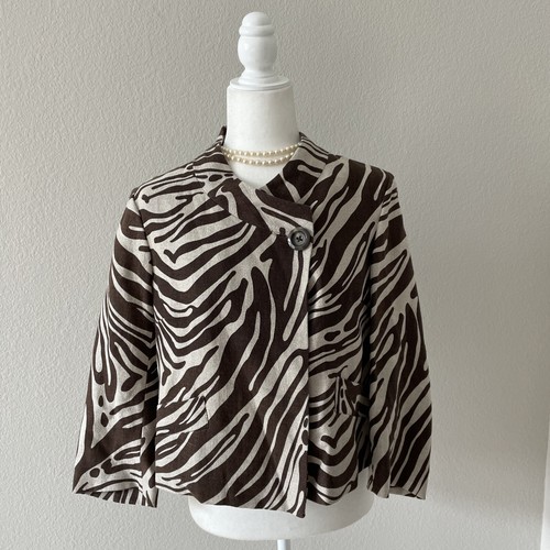 Giacca donna Michael Kors taglia 8 10 lino swing marrone stampa animalier seno 40”