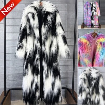 Abrigo largo de invierno cálido para mujer peludo de piel sintética mullido mezclado de colores prendas de abrigo Foto 1 de 4
