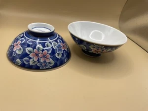 Pair Of 2 Asian porcelain footed rice soup bowls blue/white white floral 4.5 Dia - Picture 1 of 10