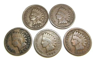(5) Vintage Indian Head Pennies 1 Cent 1888, 1889, 1893, 1894, 1899 - Picture 1 of 2