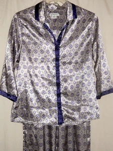 Liz Claiborne Boyfriend Style Silky Poly Pajama Set szM Silver Gray/Purple Print - Picture 1 of 15