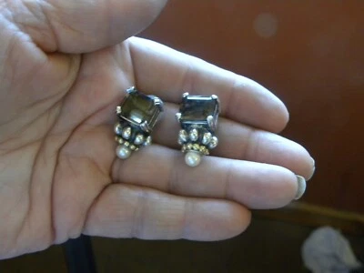 Lagos Caviar Smoky Quartz Pearl clip Earrings 925 Sterling Silver 750 18k Gold - Image 1 of 4