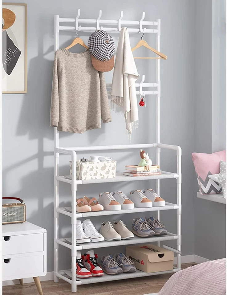 x Appendiabiti  Ingresso Attaccapanni Panca Con Scarpiera A 4 Ripiani Bianco reb - Immagine 1 di 1