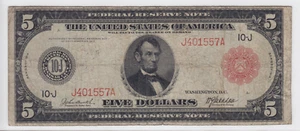 1914 $5 Federal Reserve Note Kansas City, MO Red Seal FR#841A J401557A - Picture 1 of 2