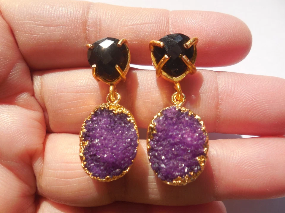 Druzy Geode Purple Earring With Black Onyx Dangle Gemstone Jewelry Gold Edge - Image 1 of 3