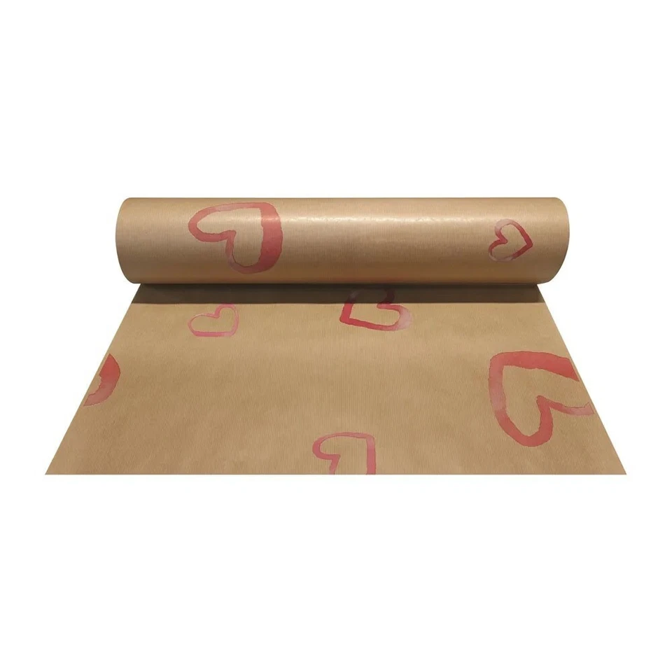 Kraft Paper Roll 50cm Wide 100m Roll Natural with Pink Open Hearts Print - Image 1 of 1