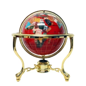 14" Roter Ozean 3-Bein Zinklegierung Gold Tischständer Edelstein Weltkarte Globus - Bild 1 von 4