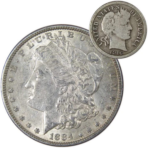 1884 Morgan Dollar XF EF Extremely Fine 90% Silver with 1916 Barber Dime G Good Cover
