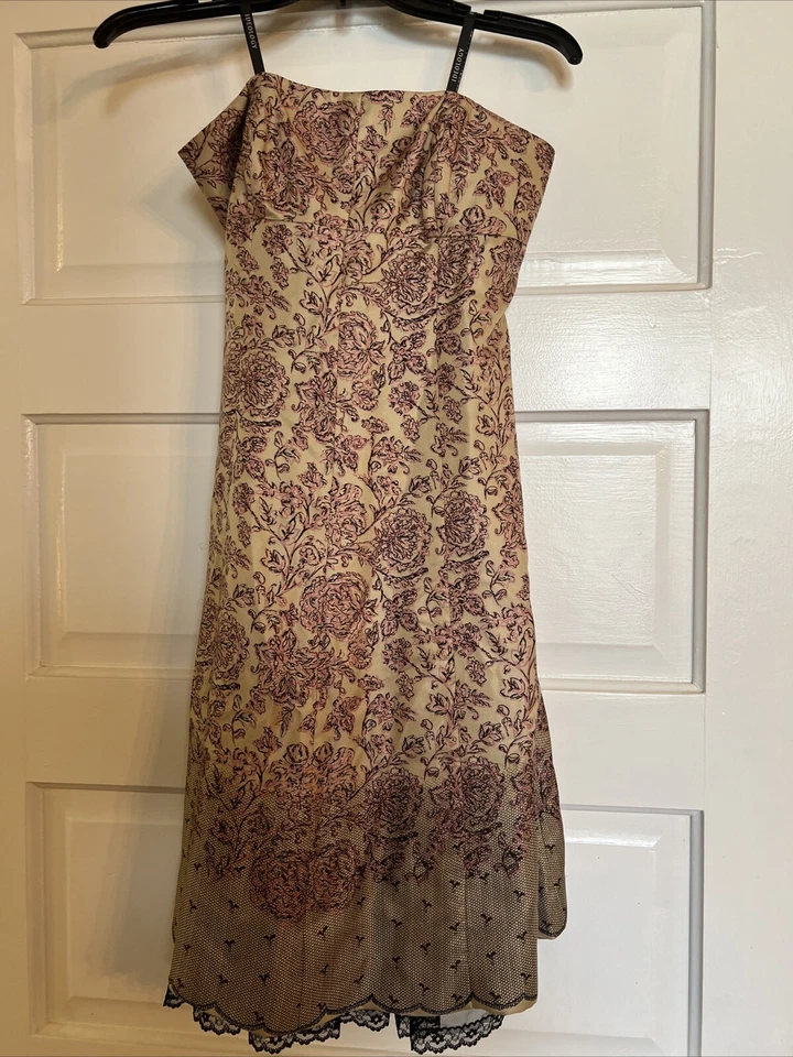 100% Silk IDEOLOGY Nude & Black Strapless Short Dress  w/Black Lace Vintage Styl - Image 1 of 4