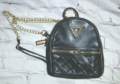 GUESS Black Mini Backpack Purse Quilted Faux Leather Gold Chain Straps Logo - Image 1 of 4