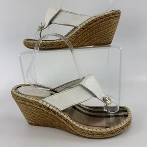 Burberry Nova Espadrilles Keilabsatz Sandalen Damen Gr. 40 weiß Leder Riemen LESEN - Bild 1 von 8