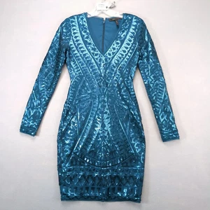 BCBGMaxazria knielanges Bodycon Kleid Gr. XS türkis geometrisch Pailletten gefüttert - Bild 1 von 10