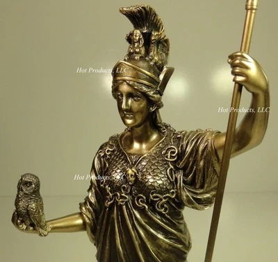 VERONESE 13" Athena Goddess of Wisdom W/ SPEAR OWL Greek Mythology Statue Bronze Color